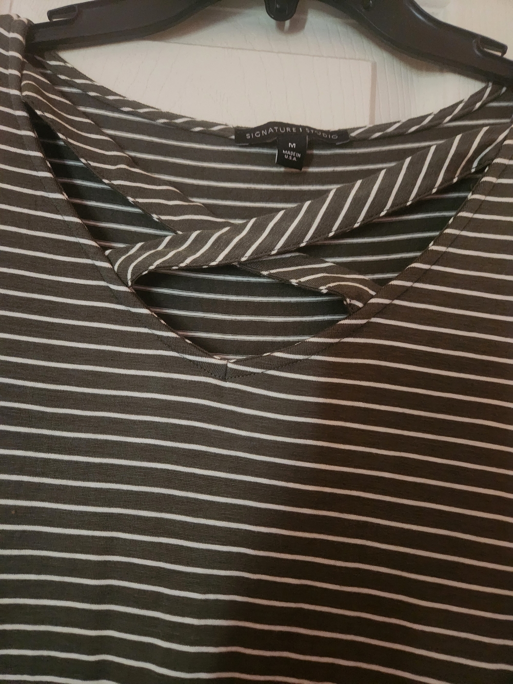 Signature Studio Olive and White Striped Short Sleeve Top with Crisscross Neck